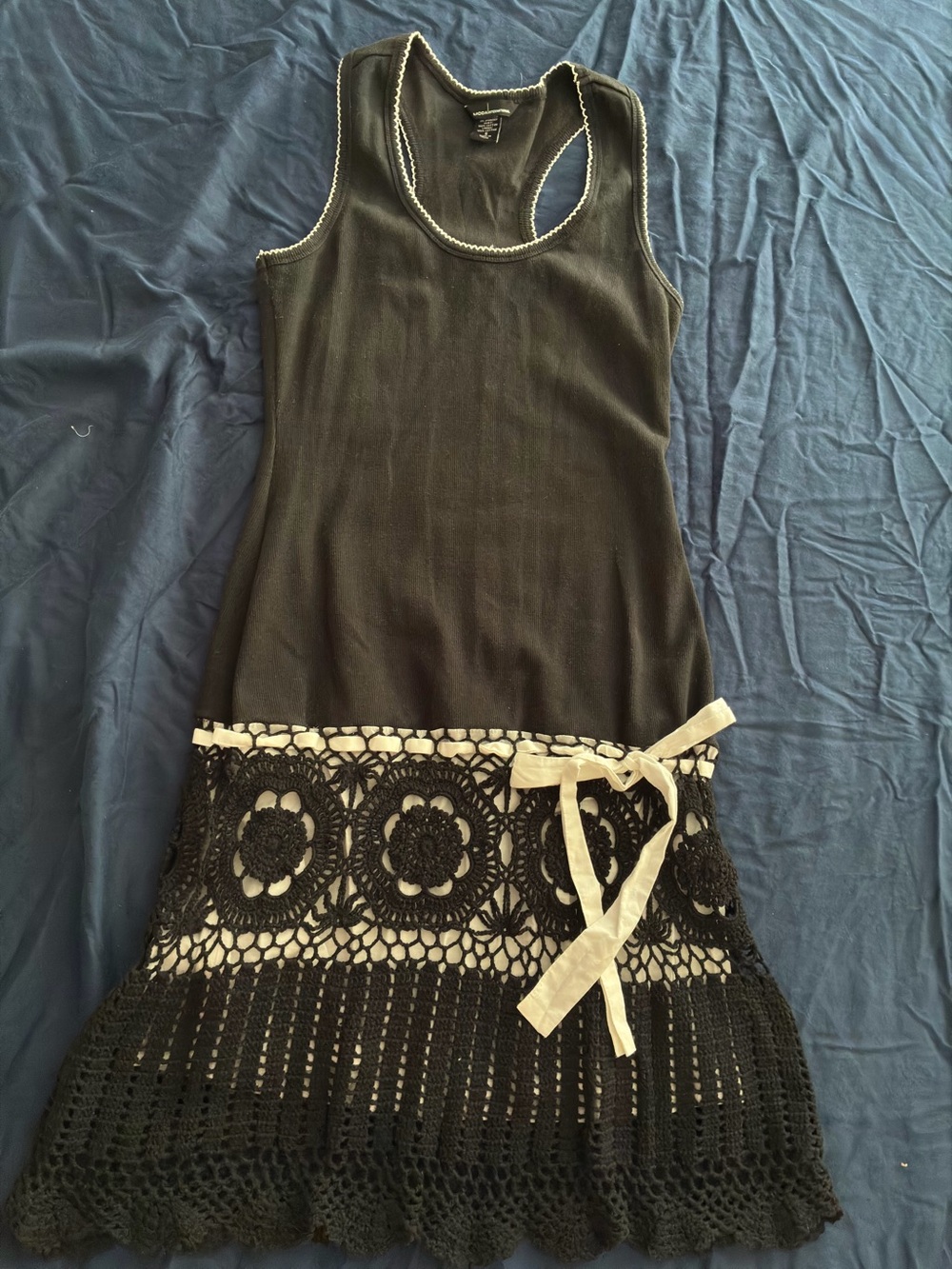 Moda International Black Tank Dress with Cream Tie & Crochet Hem
